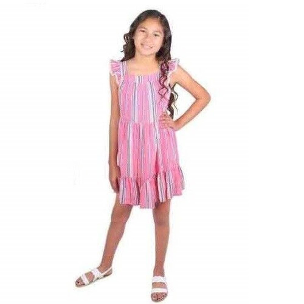 Zunie Girls Dress Medium 10/12 Pink Blue White Stripe Ruffle‎ Sleeve Square Neck